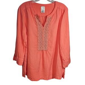 Lands End Linen Tunic Top Womens Size 12P Coral 3/4 Sleeve V Neck Lace Petite